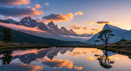 Mountain lake at sunrise, Torres del Paine National Park, Chileの素材