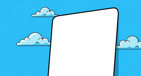Illustration of a blank screen smartphone with clouds in the background.の素材