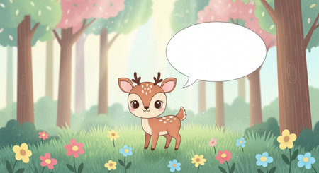 Cute cartoon deer in the forest with speech bubble. Vector illustration.の素材