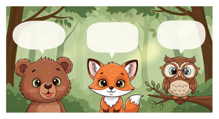Cute animals in the forest with speech bubbles. Vector illustration.の素材