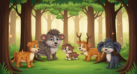 Wild animals in the forest illustration. Cartoon animals in the forest.の素材