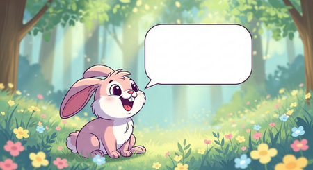 Cute rabbit with speech bubble in the forest. Vector illustration.の素材