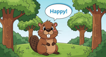 Happy beaver sitting in the forest. Vector illustration of cartoon character.の素材