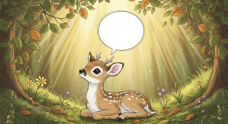 Illustration of a cute little deer with speech bubble in the forestの素材
