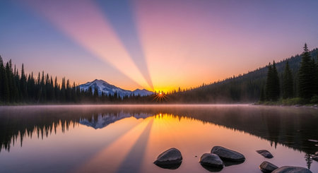 Sunset at the lake in Banff National Park, Alberta, Canadaの素材