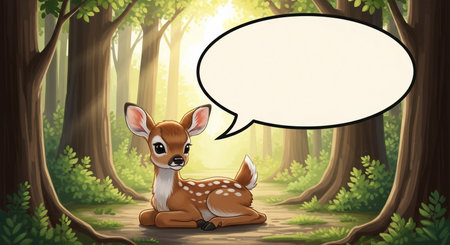 Deer sitting in the forest with speech bubble. Vector illustration.の素材