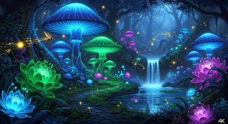 Fantasy landscape with magic mushrooms and waterfalls. Vector illustration.の素材