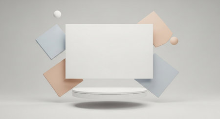 3d rendering of abstract minimal geometric forms. Glossy white podium with colorful geometric shapes.の素材