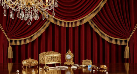 Golden stage with drapes, gold jewelry and precious stones. 3d renderingの素材
