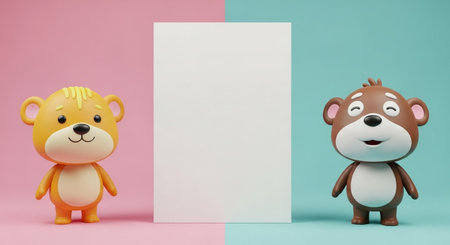 Cute bear and bear with white sheet of paper on pink and blue backgroundの素材