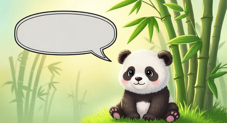 Cute panda sitting on the grass with bamboo and speech bubbleの素材