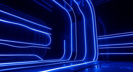 blue neon lights tunnel, abstract background. 3d rendering toned imageの素材