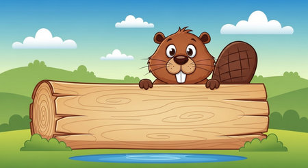 Vector illustration of Cartoon beaver with wooden signboard on nature backgroundの素材