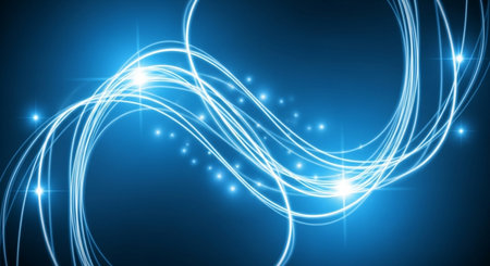 Abstract blue background with glowing lines and sparkles. Vector illustration.の素材