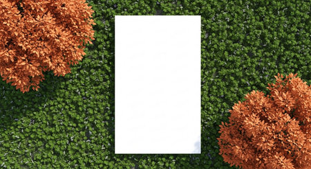 3d rendering of white paper mockup with green leaves background.の素材