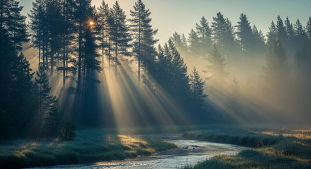 Foggy morning in the swamp. Sun rays through the trees.の素材