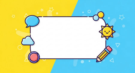 Illustration of blank paper with pencil and speech bubble on yellow and blue backgroundの素材