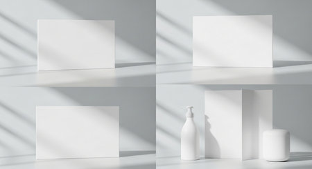 Design concept - top view of 3d render of cosmetic bottle on white table with shadow overlayの素材