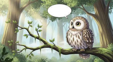 Owl sitting on a branch in the forest with speech bubble.の素材