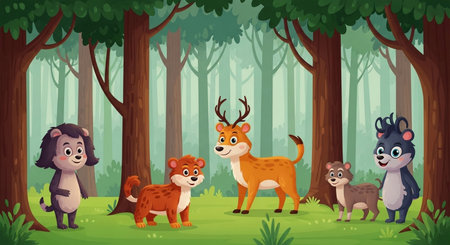 Animals in the forest illustration. Cartoon vector wild animals in the forest.の素材
