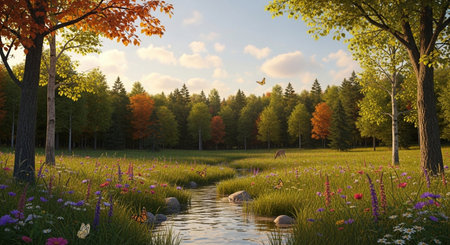 Beautiful autumn landscape with a small stream in the park. 3d renderの素材