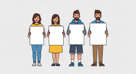 Group of people holding blank placards. Vector illustration in cartoon style.の素材