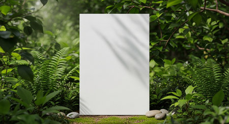 Blank white poster in the garden with green nature background. 3d rendering.の素材