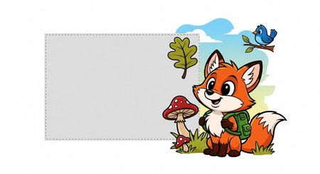 Cute cartoon fox with a banner and a fly agaricの素材