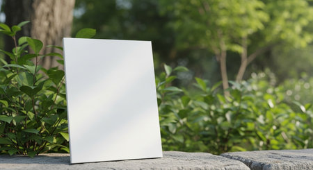 Blank white paper poster stand on stone wall in the park.の素材