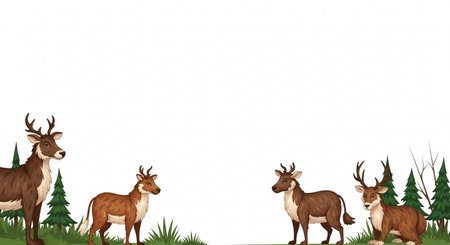 Illustration of a group of deer in a forest on a white backgroundの素材