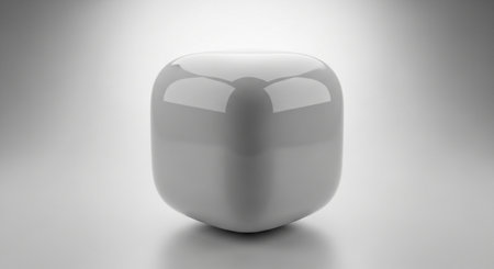 3D rendering of a reflective cube in white studio background, computer generated imagesの素材