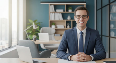 Portrait of smiling businessman sitting at workplace in office, copy spaceの素材