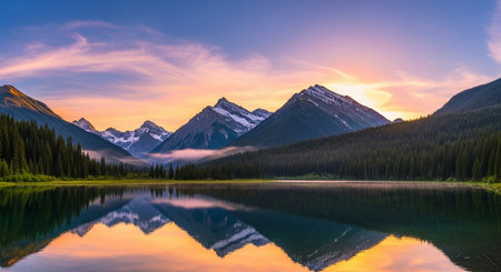Mountain lake at sunset, Jasper National Park, Alberta, Canadaの素材