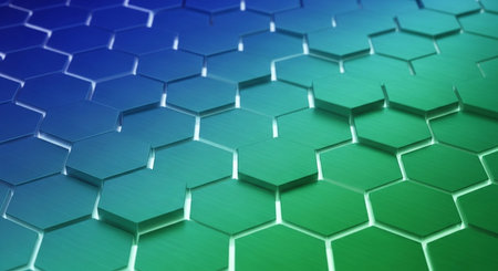 3d rendering of abstract metallic background with hexagons in green and blue colorsの素材