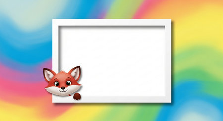 Cute cartoon fox with blank white frame on colorful rainbow background.の素材