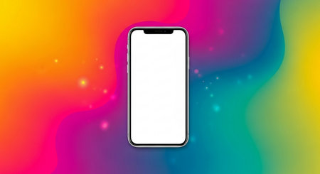 Smartphone with white screen mockup on rainbow background. Vector illustration.の素材