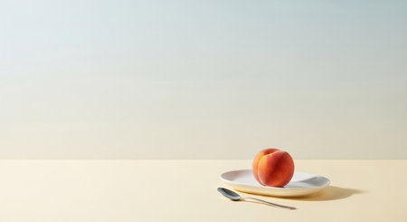 Peach on white plate with spoon and fork on pastel backgroundの素材