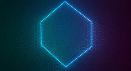 Abstract hexagon background with neon light. 3d rendering, 3d illustration.の素材