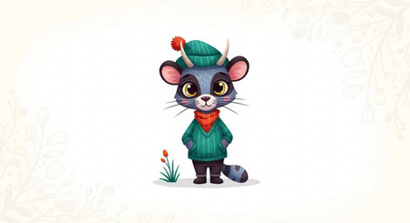 Cute cartoon rat in green sweater and hat. Vector illustration.の素材
