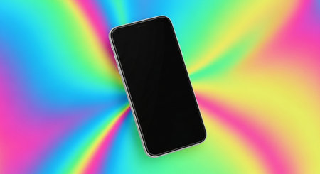 Smartphone mockup with blank screen on rainbow background. 3d renderingの素材