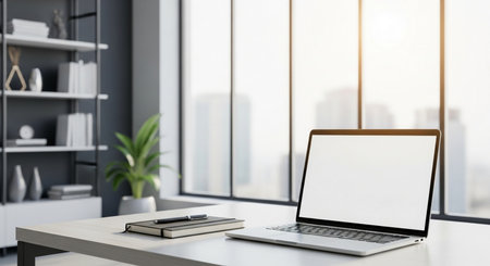 Laptop with blank screen on table in modern office with city view. Mock up, 3D Renderingの素材