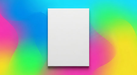 Blank white paper sheet mockup on rainbow background. 3d illustrationの素材