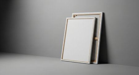 Blank photo frame mockup on gray background. 3D renderingの素材
