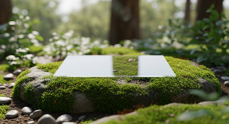 Blank white card on green moss in the garden, stock photoの素材