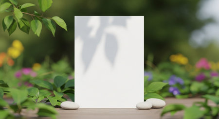 Blank white paper card mockup on wooden table with garden backgroundの素材
