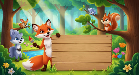 Wooden signboard with fox and squirrel in the forest illustration.の素材
