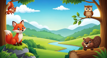 Vector illustration of Cute forest animals on the hill with river and treeの素材
