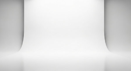 Empty white studio room with spotlights. 3d render illustration.の素材