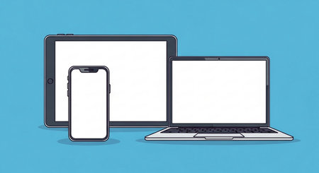 Laptop, smartphone and tablet computer with blank screen. Vector illustration.の素材