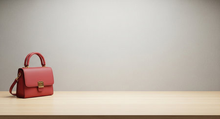 Red leather bag on wooden table and gray wall background. 3D Renderingの素材